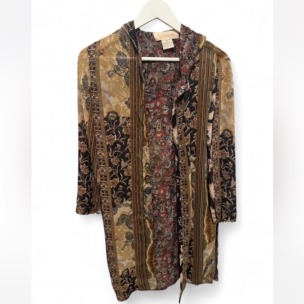 Cynthia Bradley brown floral Paisley button front hooded cardigan reversible